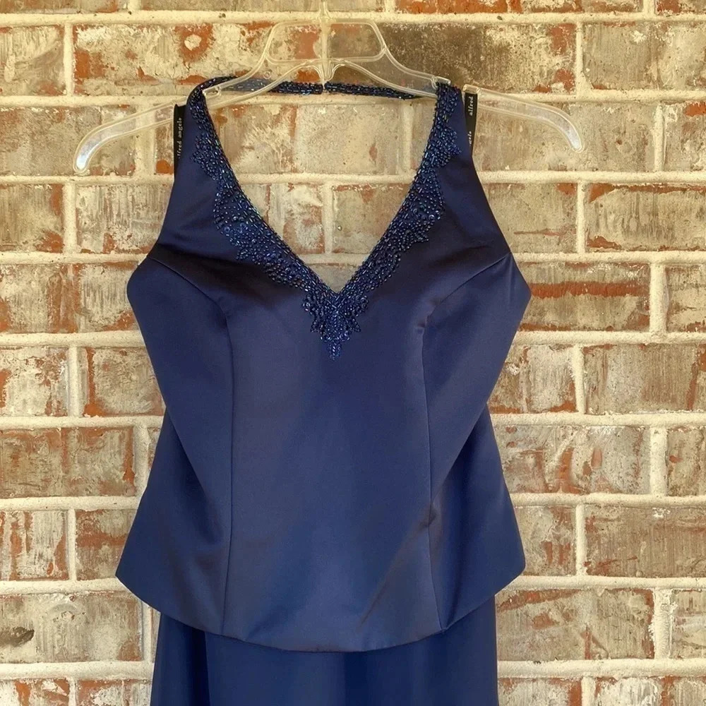 Alfred Angelo Navy Halter Beadwork Maid of Honor Prom Dress - Picture 2 of 15